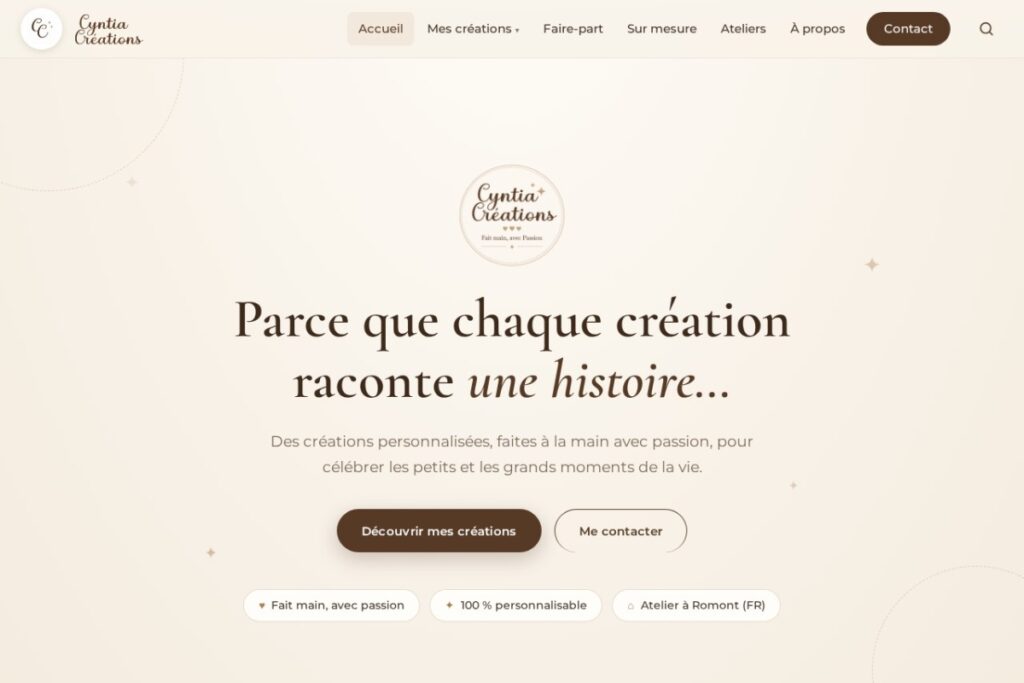Site web de Cyntia Créations — créations personnalisées faites main à Romont, réalisé par JN Solutions Digitales