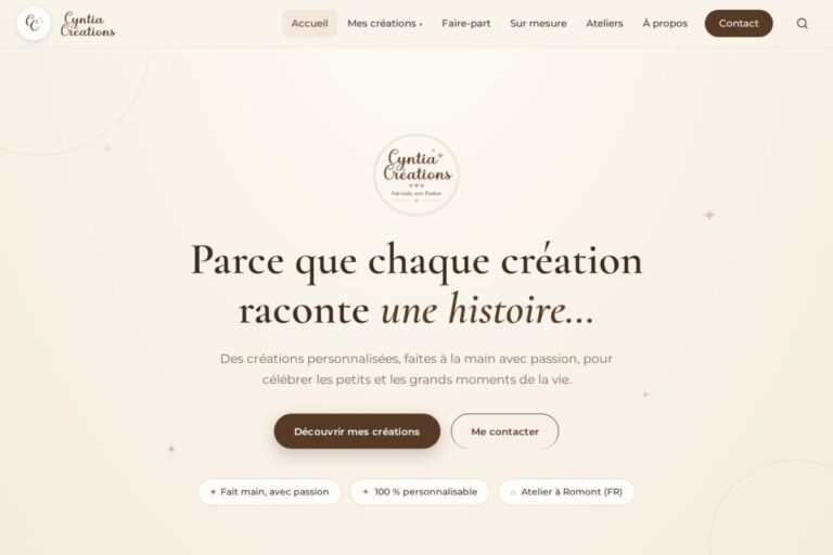 Site web de Cyntia Créations — créations personnalisées faites main à Romont, réalisé par JN Solutions Digitales