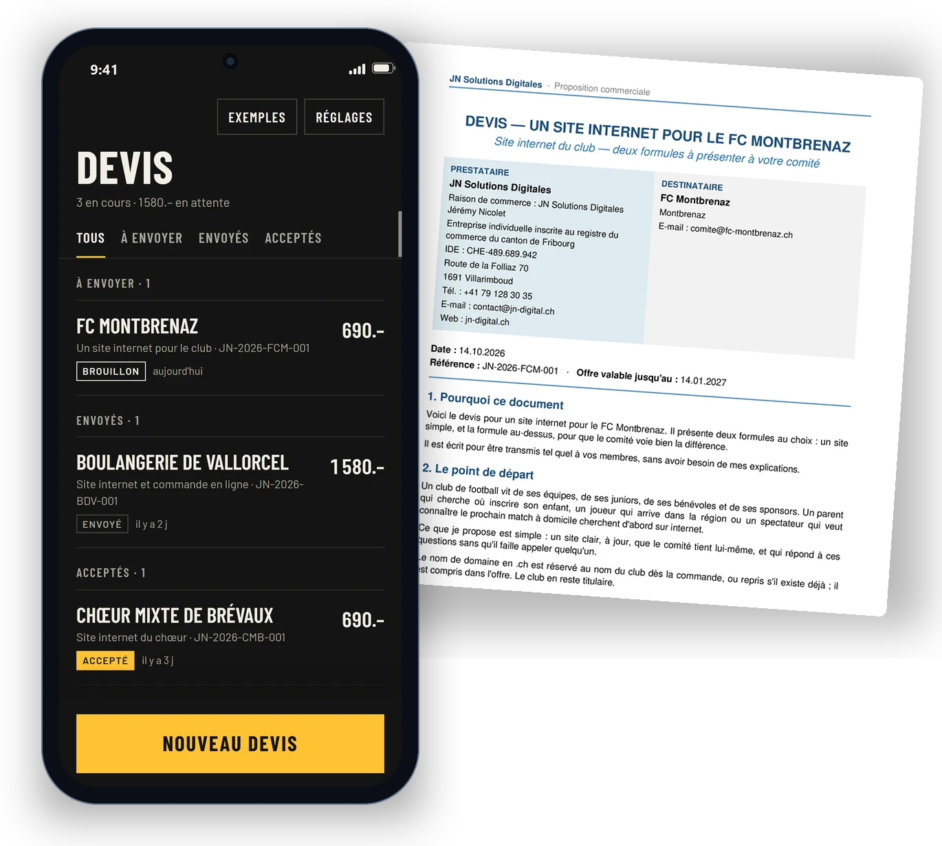 Chiffro sur un t&eacute;l&eacute;phone, devant la premi&egrave;re page d&rsquo;un devis