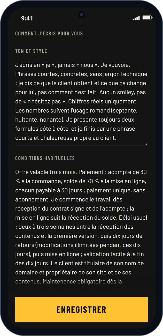 R&eacute;glages de Chiffro : ton d&rsquo;&eacute;criture et conditions