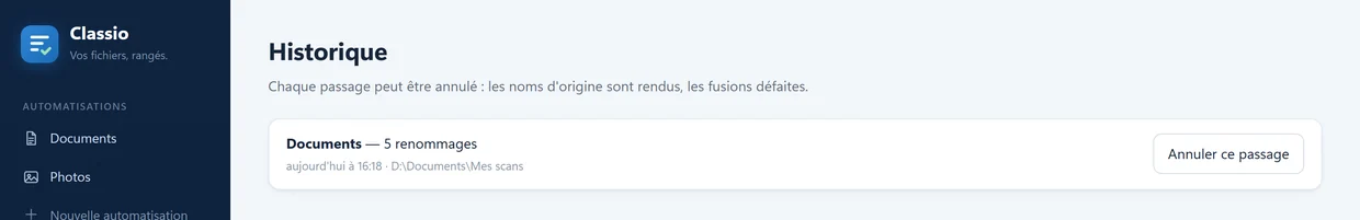 Historique des passages, avec bouton annuler